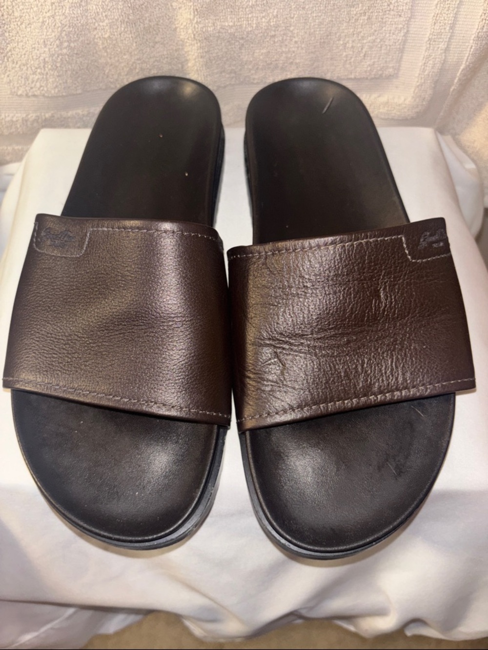 Good Man Brand Brown Leather Slide Sandals with Black Footbed